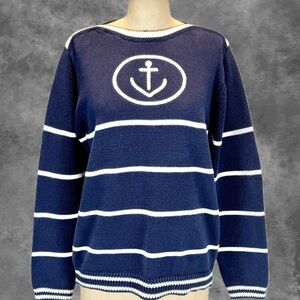 VINTAGE boat anchor nautical knit sweater navy blue boatneck coastal ocean ship
